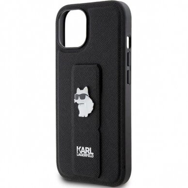 Karl Lagerfeld Gripstand Saffiano Choupette Pins Dėklas skirtas iPhone 15 Plus / 14 Plus - Juodas 5