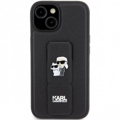 Karl Lagerfeld Gripstand Saffiano Karl&amp;Choupette Pins Dėklas skirtas iPhone 15 Plus / 14 Plus - Juodas 2