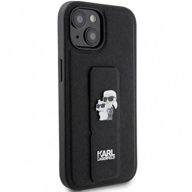 Karl Lagerfeld Gripstand Saffiano Karl&amp;Choupette Pins Dėklas skirtas iPhone 15 Plus / 14 Plus - Juodas 3