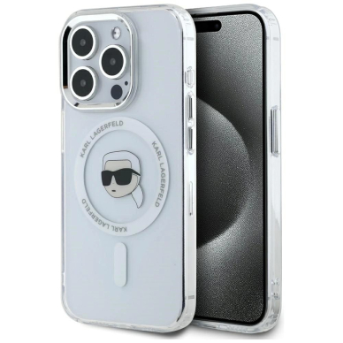 Karl Lagerfeld IML Metal Karl Head MagSafe Dėklas skirtas iPhone 15 Pro Baltas
