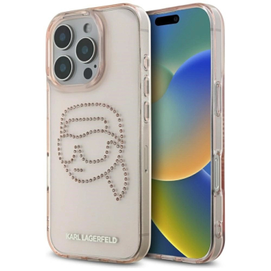 Karl Lagerfeld IML Rhinestones Karl Head Dėklas skirtas iPhone 16 Pro Max Rožinis