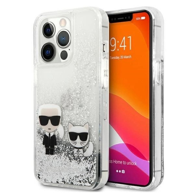 Karl Lagerfeld Liquid Glitter Karl&Choupette Dėklas skirtas iPhone 13 Pro Max 6.7&quot; - Sidabrinis