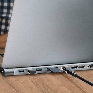 MacBook / notebook stovas adapteris HUB iš Type-C į  PD / VGA / HDMI / RJ45 / USB 3.0 / SD, TF, micro SD card reader 4