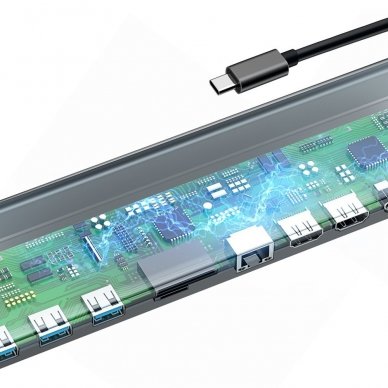 MacBook / notebook stovas adapteris HUB iš Type-C į  PD / VGA / HDMI / RJ45 / USB 3.0 / SD, TF, micro SD card reader 8