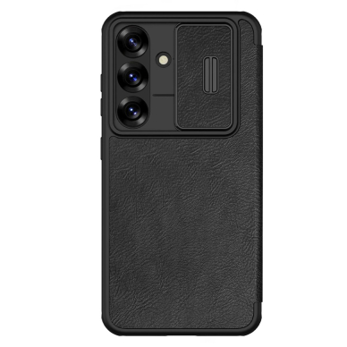 Nillkin Qin Pro dėklas Samsung Galaxy S25+ su atverčiamu dangteliu ir kameros apsauga - juodas