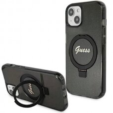 Originalus Guess dėklas Ring Stand Script Glitter MagSafe Case for iPhone 15 Plus / 14 Plus - Juodas