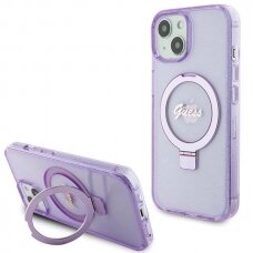 Originalus Guess dėklas Ring Stand Script Glitter MagSafe case for iPhone 15 Plus / 14 Plus - Violetinis