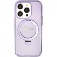 Originalus Guess dėklas Ring Stand Script Glitter MagSafe case for iPhone 15 Pro - Violetinis