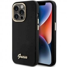 Originalus Guess dėklas Silicone Script Metal Logo &amp; Frame case for iPhone 15 Pro Max - Juodas