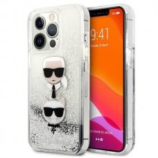 Iphone 13 Pro Originalus Karl Lagerfeld dėklas KLHCP13LKICGLS  / 13 6.1 Sidabrinis Liquid Glitter Karl &amp; Choupette Head