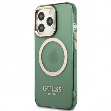 Originalus dėklas Guess GUHMP13LHTCMA iPhone 13 Pro / 13 6.1  žalias/khaki hard case Gold Outline Translucent MagSafe 1
