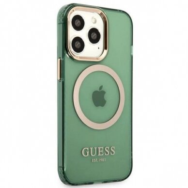 Originalus dėklas Guess GUHMP13LHTCMA iPhone 13 Pro / 13 6.1  žalias/khaki hard case Gold Outline Translucent MagSafe 3