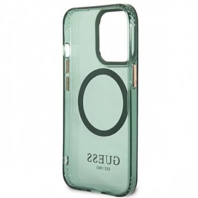 Originalus dėklas Guess GUHMP13LHTCMA iPhone 13 Pro / 13 6.1  žalias/khaki hard case Gold Outline Translucent MagSafe 6