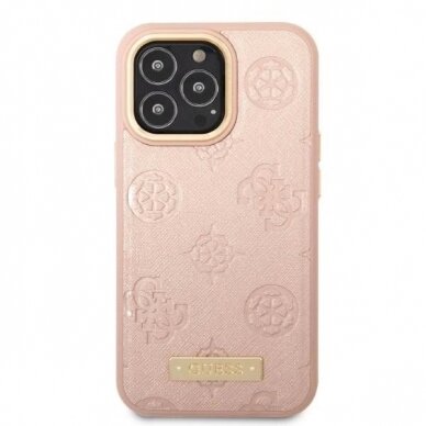 Originalus dėklas Guess GUHMP13LSAPSTP iPhone 13 Pro / 13 6.1  rožinis/rožinis hardcase Peony Logo Plate MagSafe 2