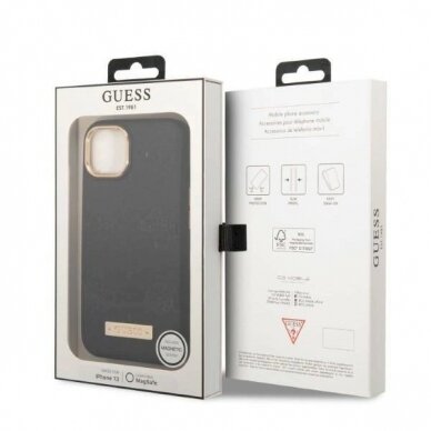 Originalus dėklas Guess GUHMP13MSAPSTK iPhone 13 6.1  Juodas hardcase Peony Logo Plate MagSafe 7