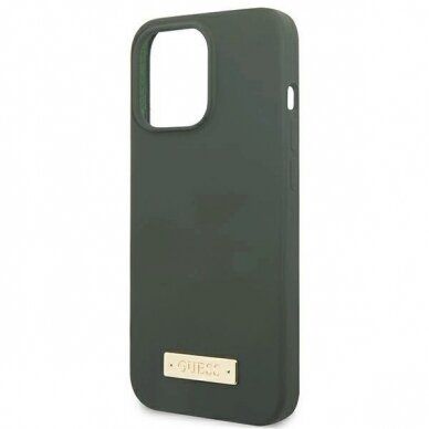 Originalus dėklas Guess GUHMP13XSPLA iPhone 13 Pro Max 6.7  žalias/khaki hard case Silicone Logo Plate MagSafe 5
