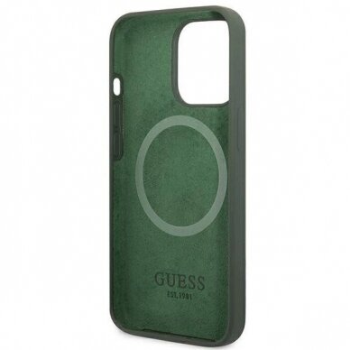 Originalus dėklas Guess GUHMP13XSPLA iPhone 13 Pro Max 6.7  žalias/khaki hard case Silicone Logo Plate MagSafe 6