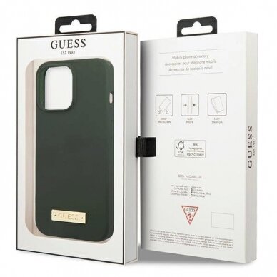 Originalus dėklas Guess GUHMP13XSPLA iPhone 13 Pro Max 6.7  žalias/khaki hard case Silicone Logo Plate MagSafe 7