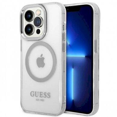 Originalus dėklas Guess GUHMP14XHTRMS iPhone 14 Pro Max 6.7  sidabrinis hard case Metal Outline Magsafe