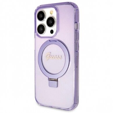 Originalus Guess dėklas Ring Stand Script Glitter MagSafe case for iPhone 14 Pro Max - Violetinis 1