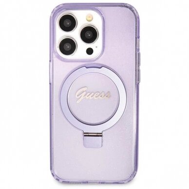 Originalus Guess dėklas Ring Stand Script Glitter MagSafe case for iPhone 14 Pro Max - Violetinis 2