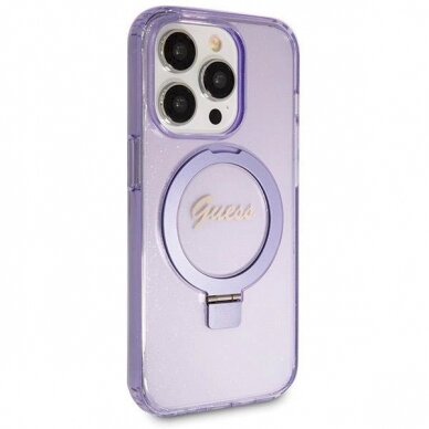 Originalus Guess dėklas Ring Stand Script Glitter MagSafe case for iPhone 14 Pro Max - Violetinis 3