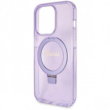 Originalus Guess dėklas Ring Stand Script Glitter MagSafe case for iPhone 14 Pro Max - Violetinis 5