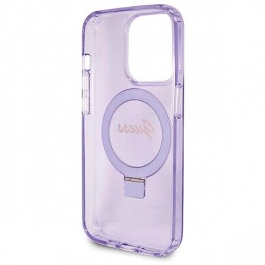 Originalus Guess dėklas Ring Stand Script Glitter MagSafe case for iPhone 14 Pro Max - Violetinis 6