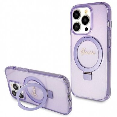 Originalus Guess dėklas Ring Stand Script Glitter MagSafe case for iPhone 14 Pro Max - Violetinis