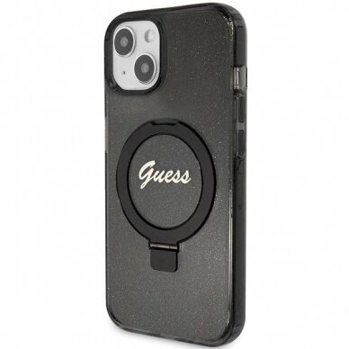 Originalus Guess dėklas Ring Stand Script Glitter MagSafe Case for iPhone 15 Plus / 14 Plus - Juodas 1