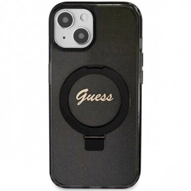 Originalus Guess dėklas Ring Stand Script Glitter MagSafe Case for iPhone 15 Plus / 14 Plus - Juodas 2