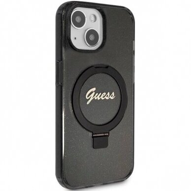 Originalus Guess dėklas Ring Stand Script Glitter MagSafe Case for iPhone 15 Plus / 14 Plus - Juodas 3