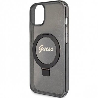 Originalus Guess dėklas Ring Stand Script Glitter MagSafe Case for iPhone 15 Plus / 14 Plus - Juodas 5