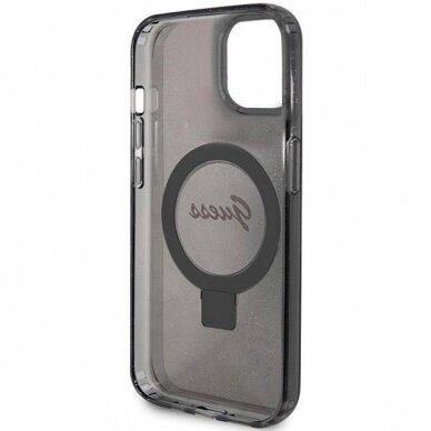 Originalus Guess dėklas Ring Stand Script Glitter MagSafe Case for iPhone 15 Plus / 14 Plus - Juodas 6