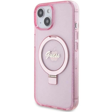 Originalus Guess dėklas Ring Stand Script Glitter MagSafe case for iPhone 15 Plus / 14 Plus - Rožinis 1