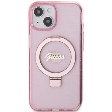 Originalus Guess dėklas Ring Stand Script Glitter MagSafe case for iPhone 15 Plus / 14 Plus - Rožinis 2