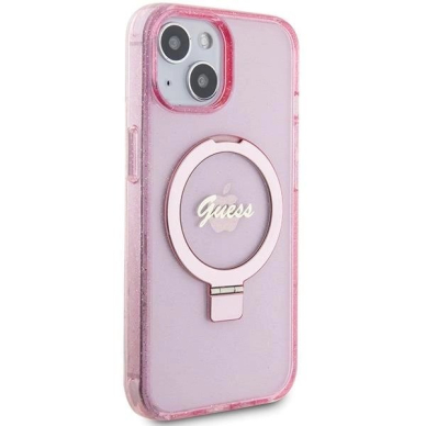 Originalus Guess dėklas Ring Stand Script Glitter MagSafe case for iPhone 15 Plus / 14 Plus - Rožinis 3
