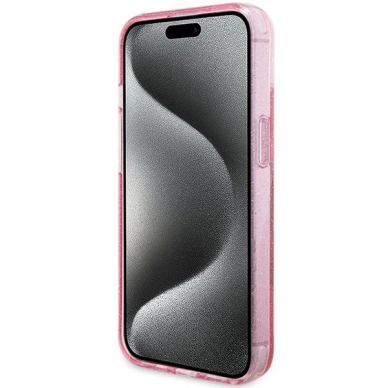 Originalus Guess dėklas Ring Stand Script Glitter MagSafe case for iPhone 15 Plus / 14 Plus - Rožinis 4