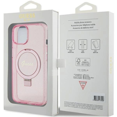 Originalus Guess dėklas Ring Stand Script Glitter MagSafe case for iPhone 15 Plus / 14 Plus - Rožinis 7