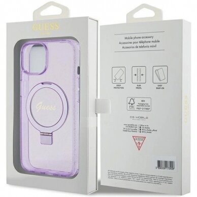 Originalus Guess dėklas Ring Stand Script Glitter MagSafe case for iPhone 15 Plus / 14 Plus - Violetinis 7