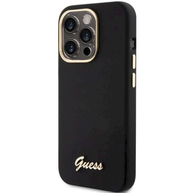 Originalus Guess dėklas Silicone Script Metal Logo &amp; Frame case for iPhone 15 Pro Max - Juodas 1