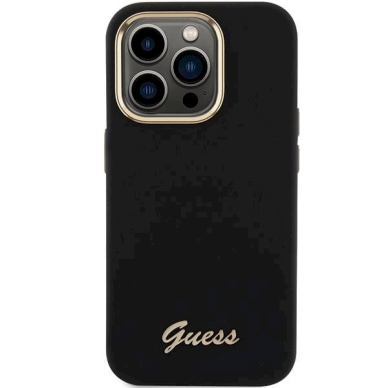 Originalus Guess dėklas Silicone Script Metal Logo &amp; Frame case for iPhone 15 Pro Max - Juodas 2