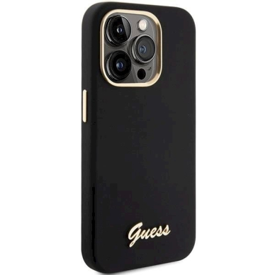 Originalus Guess dėklas Silicone Script Metal Logo &amp; Frame case for iPhone 15 Pro Max - Juodas 3