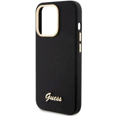 Originalus Guess dėklas Silicone Script Metal Logo &amp; Frame case for iPhone 15 Pro Max - Juodas 5