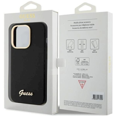 Originalus Guess dėklas Silicone Script Metal Logo &amp; Frame case for iPhone 15 Pro Max - Juodas 7