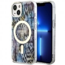 Telefono Dėklas Case Guess iPhone 14 6.1" blue hardcase Leopard MagSafe Mėlynas GNZ022