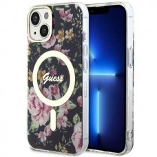 Telefono Dėklas Case Guess iPhone 14 6.1" Juodas Permatomas hardcase Flower MagSafe GNZ022