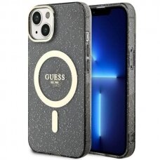 Telefono Dėklas Case Guess iPhone 14 6.1" Juodas Skaidrus hardcase Glitter Gold MagSafeGNZ022