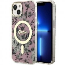 Telefono Dėklas Case Guess iPhone 14 6.1" Rožinis Permatomas hardcase Flower MagSafe GNZ022