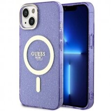 Telefono Dėklas Case Guess iPhone 14 6.1" Skaidrus Violetinis hardcase Glitter Gold MagSafe GNZ022